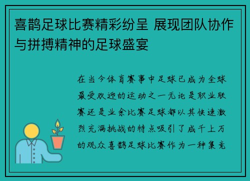 喜鹊足球比赛精彩纷呈 展现团队协作与拼搏精神的足球盛宴